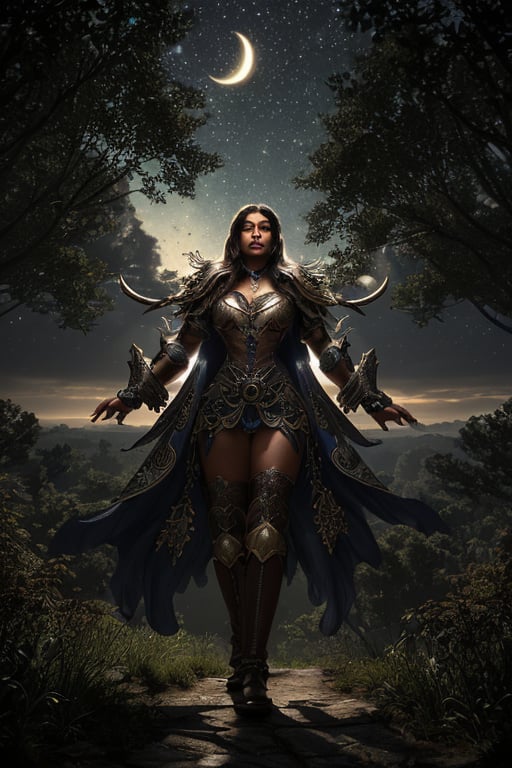 Here's a high-quality prompt for generating an absurdly detailed image:

Masterpiece of fantasy art: 'Guardian of Nature' depicts a stunning human female druid, ultra-feminine and extremely beautiful. She wears intricately designed leather armor, her dynamic hair swirling with vibrant colors under the soft glow of moonlight. Her staff crackles with divine energy, as she stands amidst a whirlwind of starry magic, symbols of ancient power swirling around her. The ultra-wide shot captures a majestic, photorealistic forest landscape at dusk, with depth of field showcasing intricate textures and details. Hyper-realistic painting meets 3D rendering in this absurdly detailed masterpiece, rendered in absurd resolutions (16k) with an emphasis on dynamic lighting, composition, and atmospheric magic.