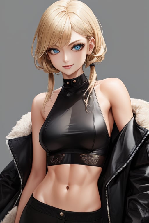 4k,best quality,masterpiece,25yo 1girl,(jacket),(demin pant), alluring smile, (Beautiful and detailed eyes), Detailed face, detailed eyes, double eyelids ,thin face, real hands, semi visible abs, ((short hair with long locks:1.2)), black background, an Instagram model, long blonde_hair real person, color splash style photo,realistic,photorealistic