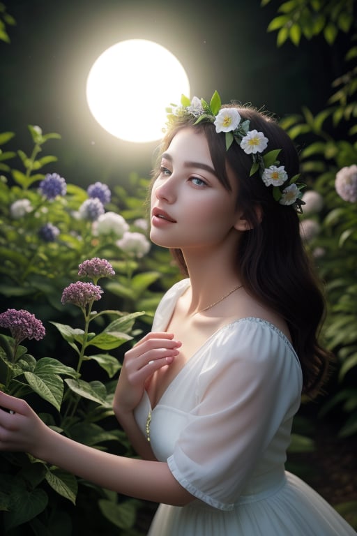 A serene and mystical scene unfolds under the soft glow of moonlight, where a lone girl adorned with a radiant flower crown stands amidst 'Moonlight Gardens'. Her beautiful icy blue eyes seem to radiate an otherworldly light, as if illuminated by the very stars above. Dark shadows dance across her porcelain skin, while the night garden's dark background provides a striking contrast to the vibrant hues of the flowers and foliage that surround her. The air is alive with a sense of wonder, as if magic itself is 'glowing in the dark' around this enchanting maiden.