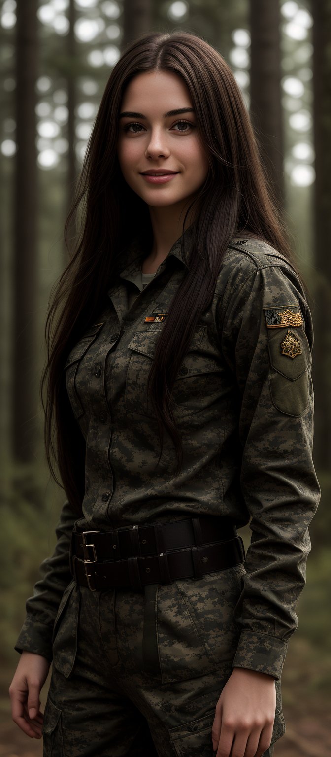 Generate hyper realistic image of a 25 year women
 with long, straight, dark brown hair that flows freely down her back. She is wearing a full military uniform in camouflage pattern, which includes a long-sleeved shirt and matching pants. The uniform fits snugly, emphasizing her curves. The outfit is complete with a belt and insignia on her sleeve. She has teasing smile while gazing at the wiewer. The background is set in forest.