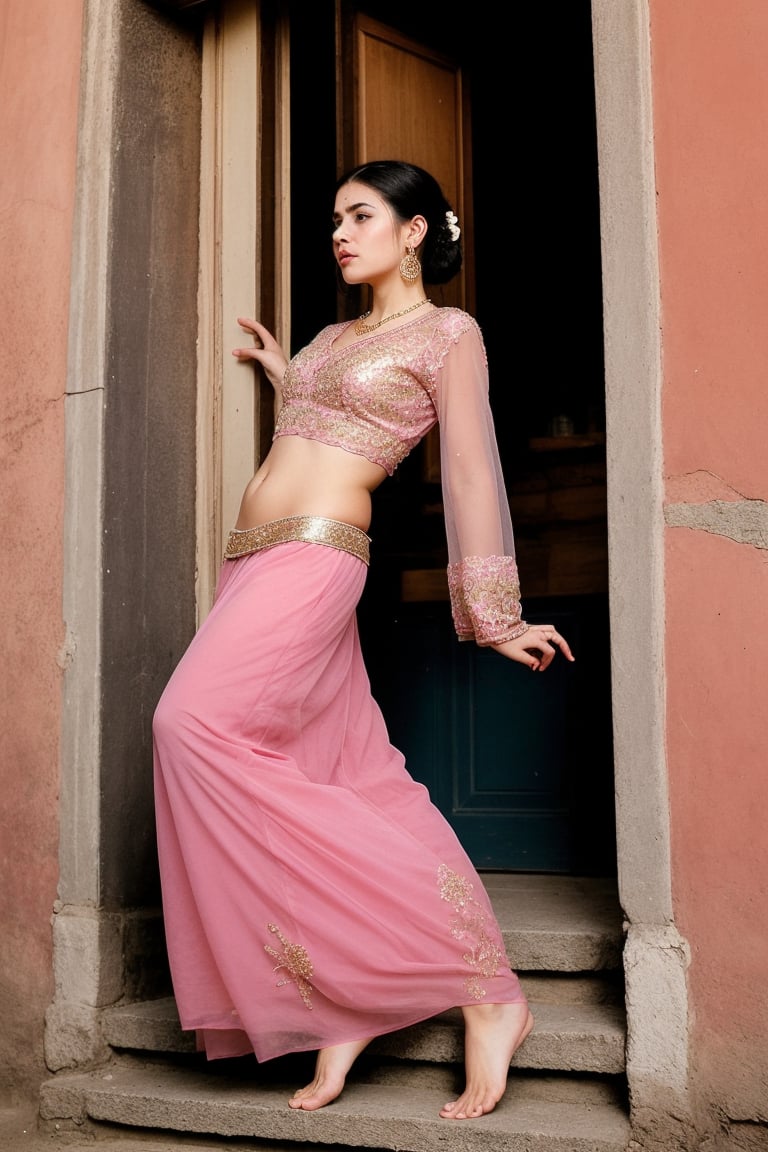 Indian girl, 20 year old , 


Imagine an Indian girl, Priti, 

Imagine a 20-year-old Indian girl standing gracefully on a traditional wooden balcony, overlooking a scenic landscape at sunset. She is wearing a flowing, emerald green lehenga adorned with intricate gold embroidery, which sparkles softly in the fading light. Her long, black hair is styled in loose waves, with a few delicate flowers tucked behind her ear. She has large, almond-shaped eyes, lined with dark kohl, giving them a captivating depth. Her eyelashes are long and thick, framing her expressive eyes beautifully. Her eyebrows are perfectly arched, adding to her elegant appearance. Her lips are painted a soft rose color, and her cheeks have a natural blush.

She stands with one hand gently resting on the wooden railing of the balcony, her fingers adorned with delicate gold rings. Her other hand holds the edge of her dupatta, which flows gracefully in the breeze. Her posture is poised and elegant, with her shoulders relaxed and her back straight. She is barefoot, and her feet are adorned with delicate anklets that jingle softly with her movements. The background features the vibrant hues of the setting sun, casting a warm, golden glow on her, highlighting her traditional attire and serene beauty. The sky is a canvas of oranges, pinks, and purples, creating a picturesque and dreamy atmosphere. The overall scene is one of timeless beauty, capturing the essence of a traditional yet modern Indian girl in a moment of peaceful reflection.

And looking like a realistic Indian pretty girl

