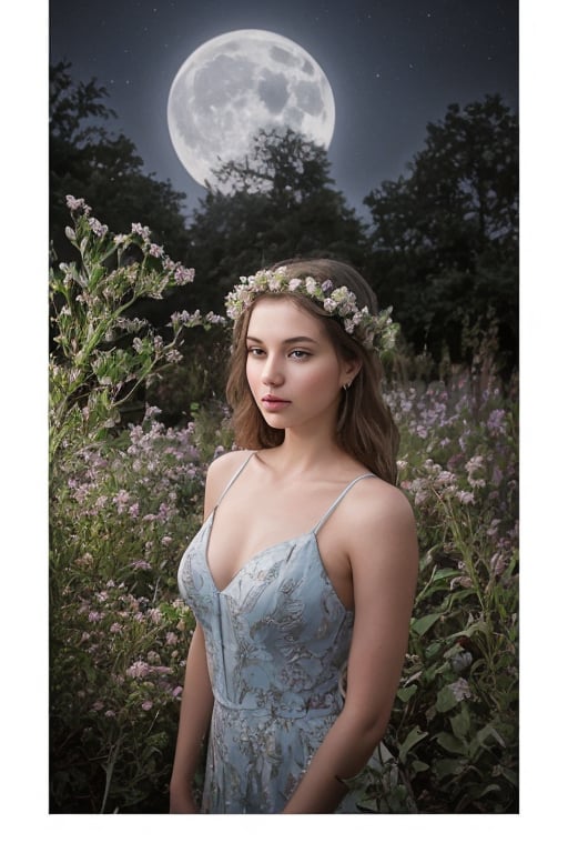 A serene and mystical scene unfolds under the soft glow of moonlight, where a lone girl adorned with a radiant flower crown stands amidst 'Moonlight Gardens'. Her beautiful icy blue eyes seem to radiate an otherworldly light, as if illuminated by the very stars above. Dark shadows dance across her porcelain skin, while the night garden's dark background provides a striking contrast to the vibrant hues of the flowers and foliage that surround her. The air is alive with a sense of wonder, as if magic itself is 'glowing in the dark' around this enchanting maiden.