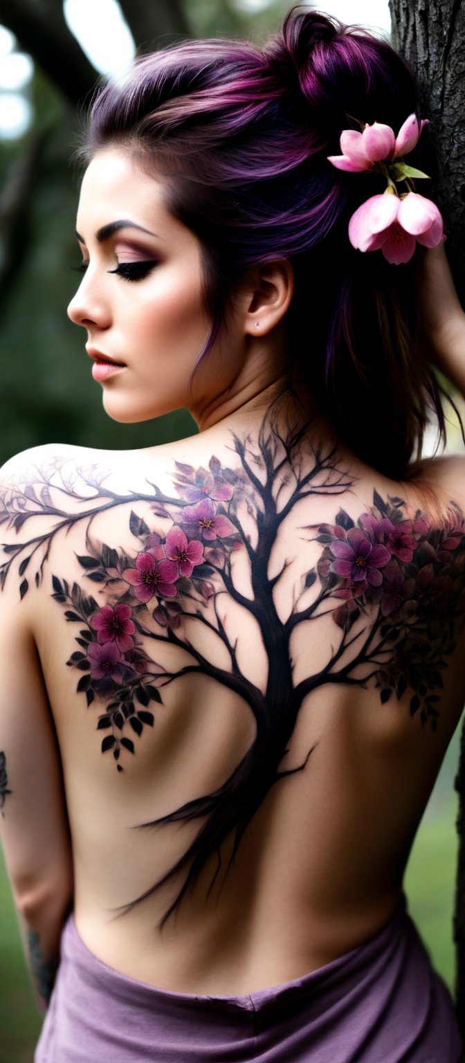 Generate hyper realistic image of a girl with an intricate and vibrant full-back tattoo. The woman is shown from behind, standing, allowing a clear view of her entire back. Her hair is straight and purple, falling around her shoulders. The tattoo covers her entire back. The central feature of the tattoo is a tree trunk and branches are intricately detailed with rich, dark brown shades. The branches extend gracefully across the skin, spreading out in an organic and natural pattern. The flowers are depicted in various shades of pink, from deep magenta to soft pastel hues. Each blossom is carefully crafted, with delicate petals and subtle shading. urrounding the tree and blossoms are scattered petals and leaves.