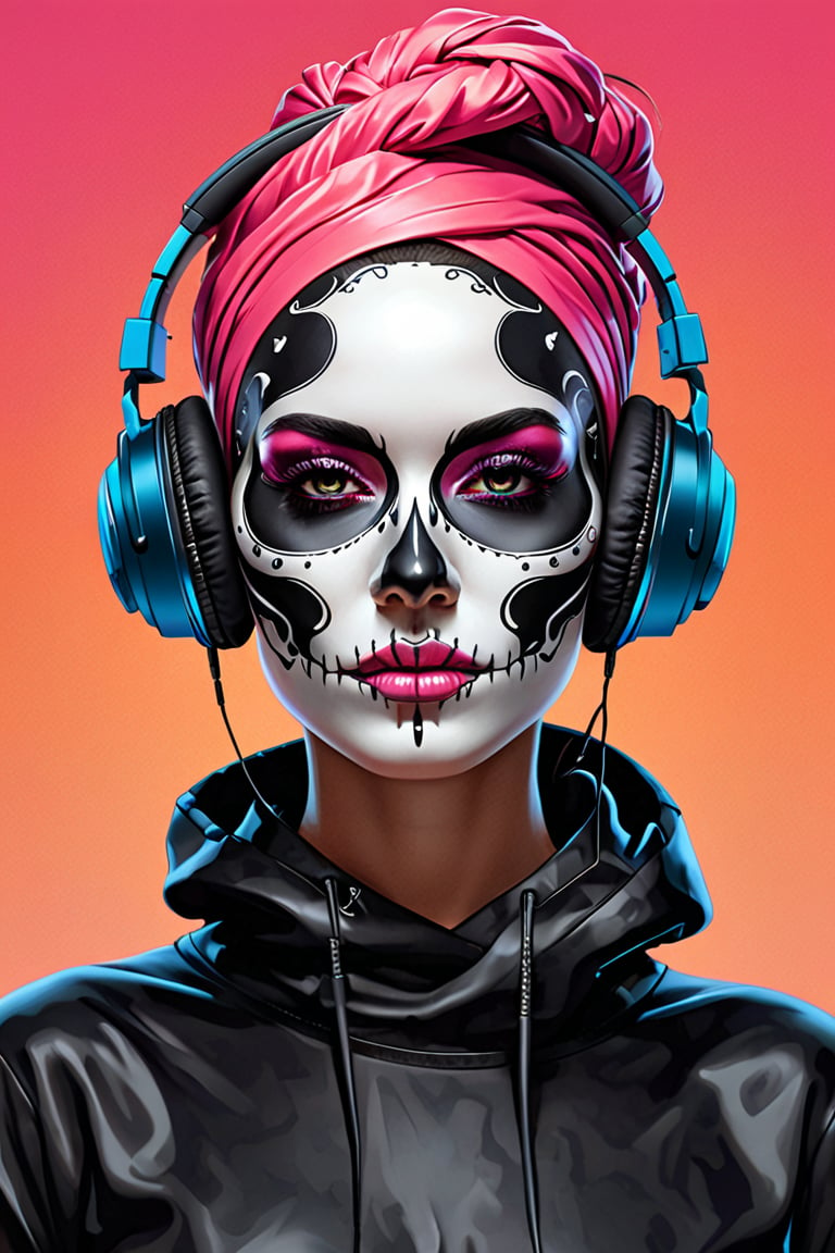 A stunning, high-resolution (8K) digital artwork depicts a woman with bold, skull-inspired makeup adorning her face. She wears sleek headphones wrapped around the top of her head, while a black cap sits atop her hairdo. The subject is positioned in front of a crisp white background, allowing the vibrant details to take center stage. Every aspect of this illustration, from the fine lines and textures to the subtle shading, has been crafted with meticulous care, resulting in a truly exceptional (masterpiece) piece of art.