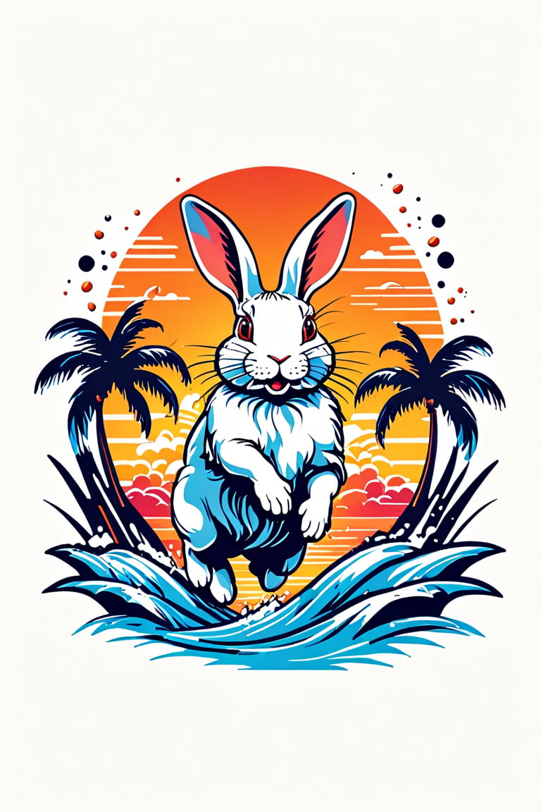 (best quality, 4k, 8k, highres, masterpiece:1.2), ultra-detailed,T-shirt design,illustration, a rabbit jumping out of the water with a sunset in the background and a palm tree,white background