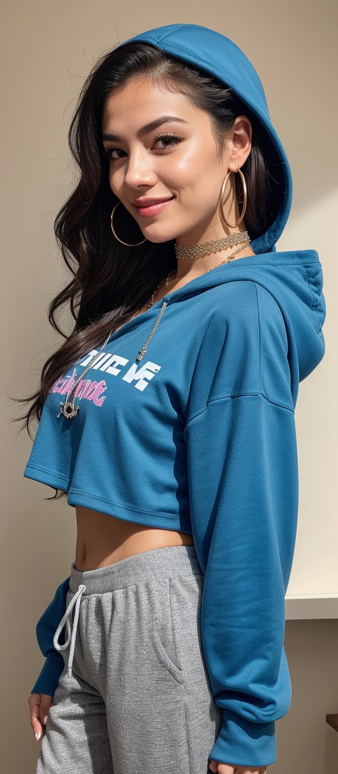 Generate hyper realistic image of a woman with extremely long, multicolored hair flowing down her back, blue eyes, and a radiant smile. She is dressed in a cropped hoodie with a hood up, revealing her midriff and complemented by fishnets and pants. Long sleeves cover part of her hands, and she wears a necklace, hoop earrings, and a choker. Her clear skin and slight head tilt give her a captivating presence. A small mole above her lips adds a touch of uniqueness to her look.