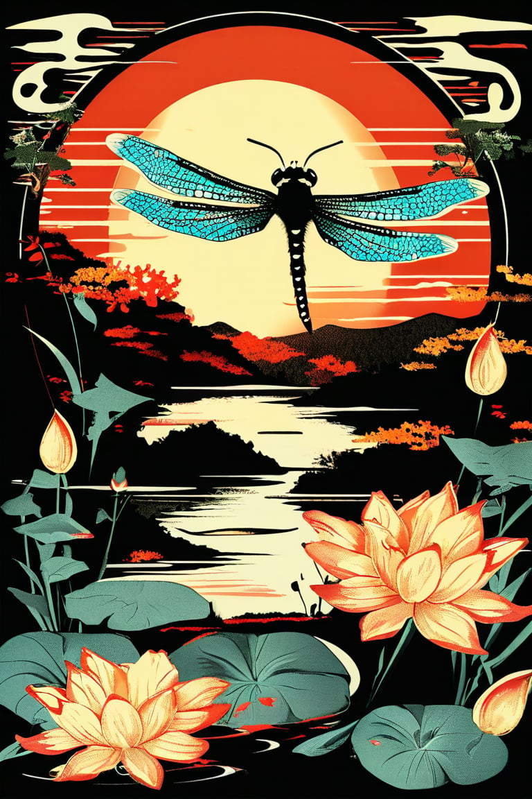 A vintage t-shirt design with retro-inspired typography surrounding a sumi-e ink illustration of a dragonfly hovering over a pond, with lotus flowers, incorporating Japanese calligraphy, black background, colorful shades, highly detailed, vector image, vibrant and clean, with a sunset backdrop, photorealistic style, flat design.