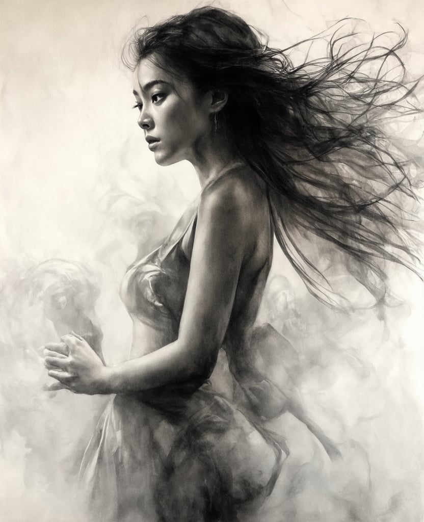 A stunning half-body portrait of a beautiful young Thai woman, rendered in exquisite Chinese alcohol ink style, features her porcelain-like skin glowing amidst a haze of smoke. Her flowing hair cascades down her back as she stands serene, surrounded by the mystery of the foggy crowd. Charcoal strokes bring depth and dimension to her figure, set against a backdrop of vibrant colors and cinematic lighting effects that seem to dance across the canvas.