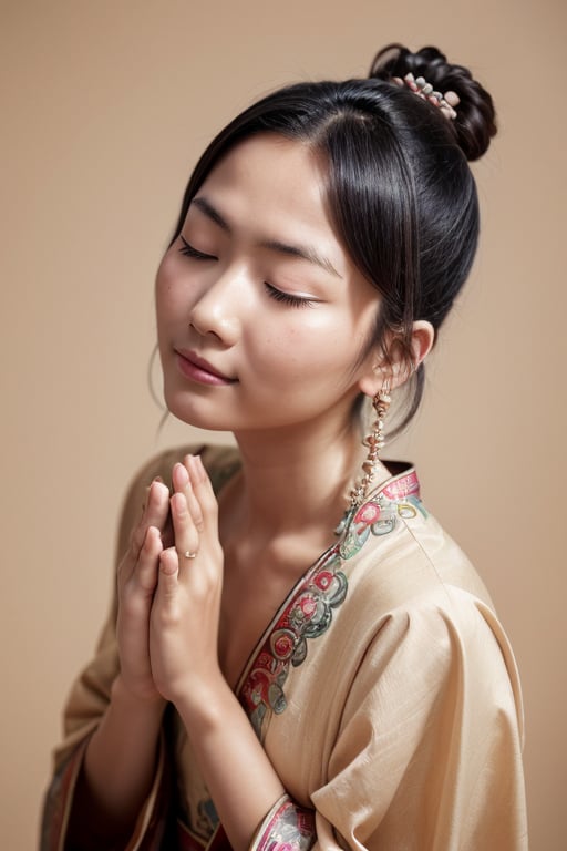 1girl,Sweet,Kawaii,Looks at viewer, A Chinese ancient beauty is praying, with hands clasped together, eyes closed in silence, wearing a solemn yet beautiful expression, White Background,portrait