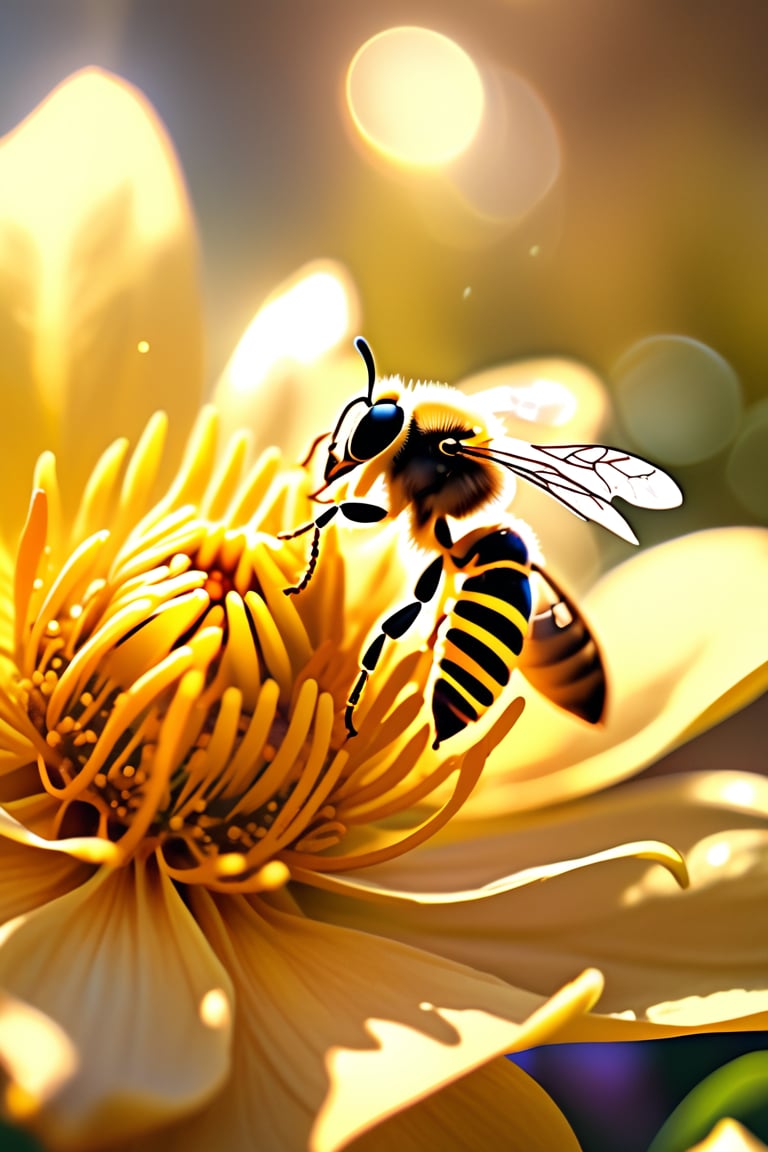 A majestic honeybee perches delicately on a vibrant yellow and white flower, its translucent wings glistening in the warm sunlight that casts a gentle glow on the petals. The bee's furry body blends seamlessly with the surrounding foliage as it collects nectar from the flower's center. The 8K resolution captures every intricate detail of the natural scene, from the delicate pollen grains to the soft focus of the blurred background.