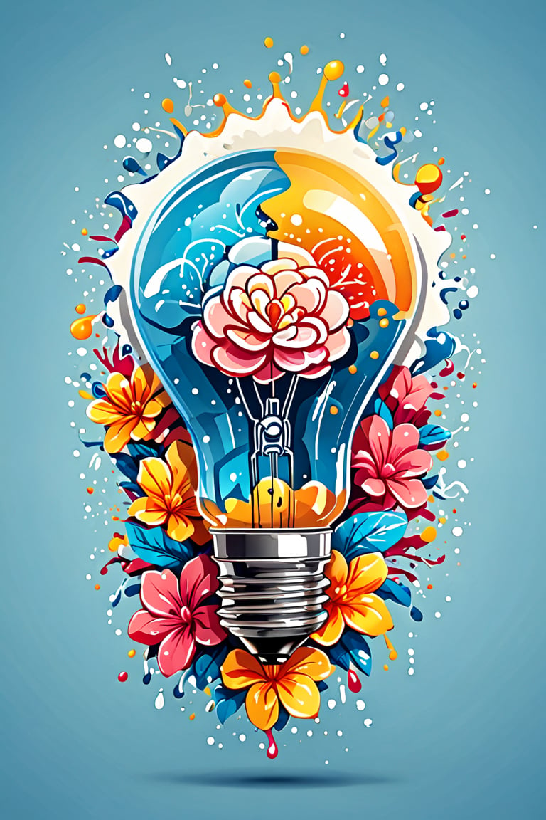 (best quality, 4k, 8k, highres, masterpiece:1.2), ultra-detailed,T-shirt design,illustration, a light bulb with a brain inside of it and flower water splashes around it,