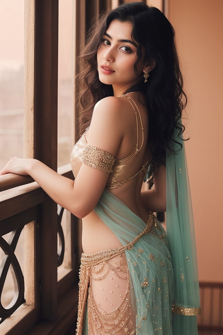 Imagine a 20-year-old Indian girl, Priti, standing elegantly on a wooden balcony at sunset. She wears an emerald green lehenga with intricate gold embroidery, her black hair styled in loose waves with flowers behind her ear. Her almond-shaped eyes have dark kohl lines, long eyelashes framing them beautifully. Softly painted rose lips and natural cheeks give her a serene appearance. One hand rests on the balcony railing, adorned with delicate gold rings, while the other holds her dupatta flowing gently in the breeze. Barefoot, her feet jingle softly with anklets as she poses effortlessly, back straight, shoulders relaxed, amidst a warm golden glow. The setting sun paints the sky with oranges, pinks, and purples, creating a dreamy atmosphere, capturing Priti's timeless beauty in peaceful reflection, like a realistic Indian pretty girl.