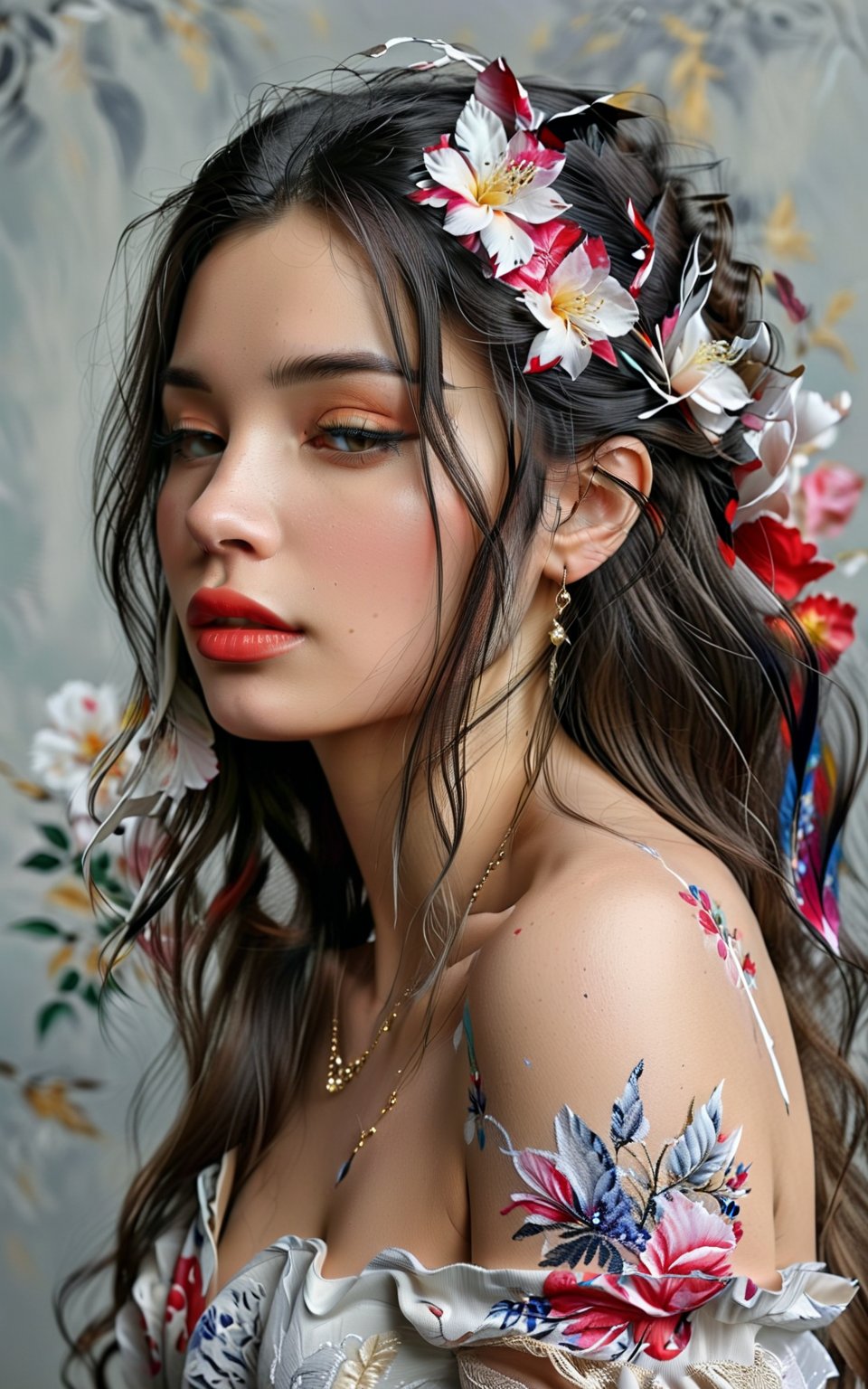 Digital art, beautiful decorative painting, profile portrait, off shoulder, beautiful collarbone, light gray background, long hair, sexy lips, master's work, abstract art, full of details, 8k