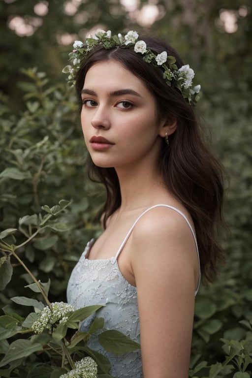 A serene and mystical scene unfolds under the soft glow of moonlight, where a lone girl adorned with a radiant flower crown stands amidst 'Moonlight Gardens'. Her beautiful icy blue eyes seem to radiate an otherworldly light, as if illuminated by the very stars above. Dark shadows dance across her porcelain skin, while the night garden's dark background provides a striking contrast to the vibrant hues of the flowers and foliage that surround her. The air is alive with a sense of wonder, as if magic itself is 'glowing in the dark' around this enchanting maiden.