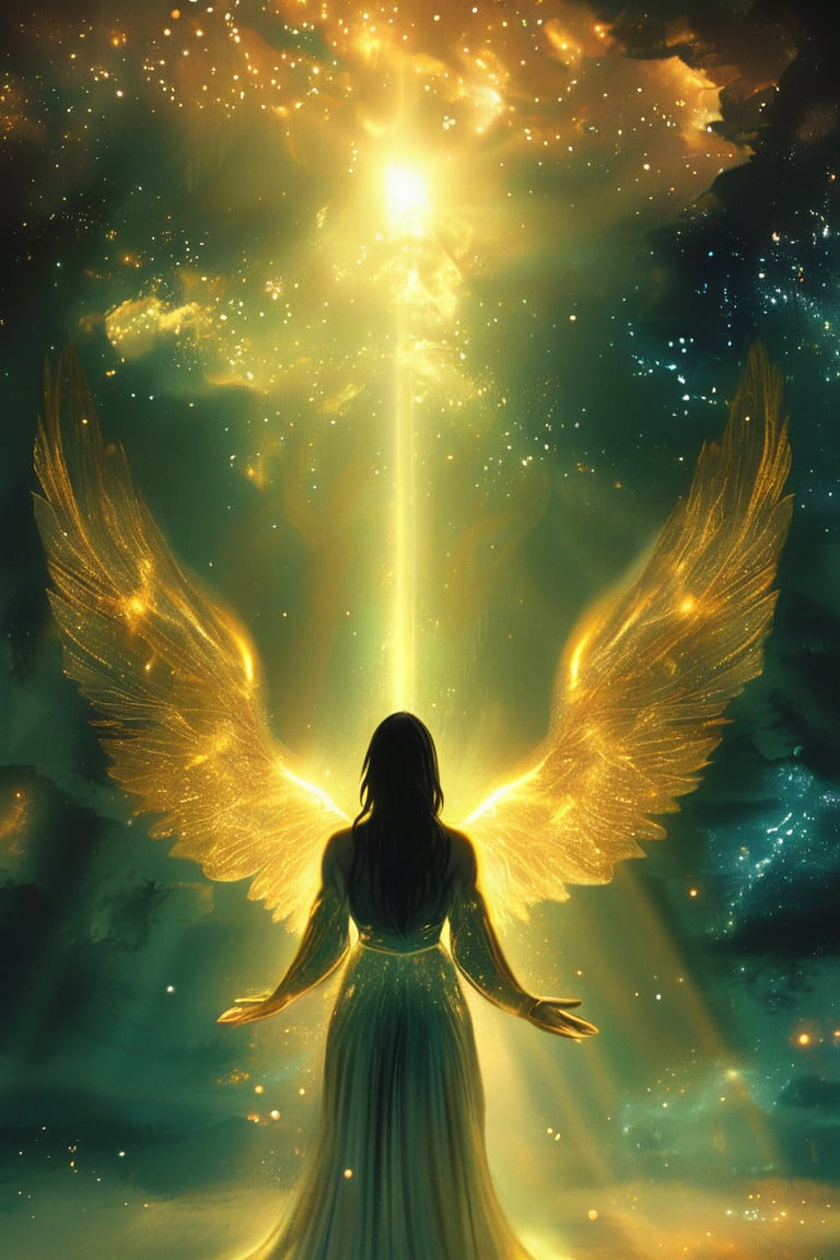 Softly-lit golden angel stands tall against a dark, velvety backdrop, her long black hair flowing like a waterfall down her back as she gazes up at the star-studded midnight sky. Her hands clasped in reverence, the angel's radiant aura illuminates the scene, bathed in an otherworldly glow reminiscent of bioluminescence.