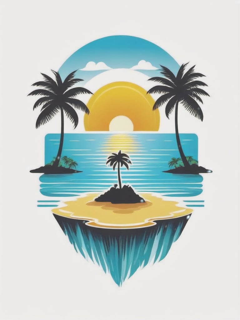 Create a mini island with a surrounding sea, the sun and a palm tree,T-shirt design