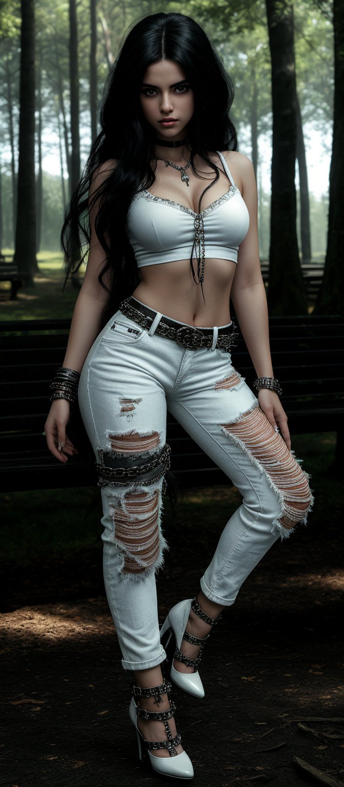 Generate hyper realistic image of a 25 year girl with long, vibrant black hair that cascades down her back in waves. The striking color contrasts with her outfit, making her hair a focal point. Her eyes are accentuated with dark, dramatic makeup. She is dressed in a gothic-punk style. She wears a sleeveless white top adorned with chains and metal details. Paired with this, she has on white ripped skinny jeans. She is wearing high-heeled shoes with a unique design, featuring studs and straps. Her expression is contemplative and slightly fierce. The background is a wooded area with tall trees and wooden benches..