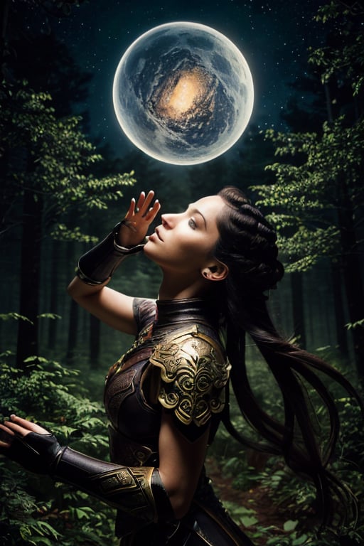 Here's a high-quality prompt for generating an absurdly detailed image:

Masterpiece of fantasy art: 'Guardian of Nature' depicts a stunning human female druid, ultra-feminine and extremely beautiful. She wears intricately designed leather armor, her dynamic hair swirling with vibrant colors under the soft glow of moonlight. Her staff crackles with divine energy, as she stands amidst a whirlwind of starry magic, symbols of ancient power swirling around her. The ultra-wide shot captures a majestic, photorealistic forest landscape at dusk, with depth of field showcasing intricate textures and details. Hyper-realistic painting meets 3D rendering in this absurdly detailed masterpiece, rendered in absurd resolutions (16k) with an emphasis on dynamic lighting, composition, and atmospheric magic.