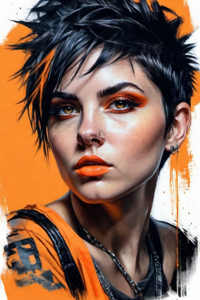 Generate hyper realistic close portrait of a beautiful girl, short messy black hair with a punk cut, dark background, orange t-shirt, very detailed beautiful eyes. Very detailed, provocative face, (dynamic provocative pose),   soft colors artwork, hight detailed,