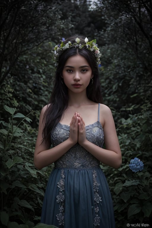 A serene and mystical scene unfolds under the soft glow of moonlight, where a lone girl adorned with a radiant flower crown stands amidst 'Moonlight Gardens'. Her beautiful icy blue eyes seem to radiate an otherworldly light, as if illuminated by the very stars above. Dark shadows dance across her porcelain skin, while the night garden's dark background provides a striking contrast to the vibrant hues of the flowers and foliage that surround her. The air is alive with a sense of wonder, as if magic itself is 'glowing in the dark' around this enchanting maiden.