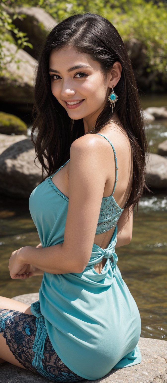 A stunning 25-year-old beauty sits serenely beside a tranquil river, her long, flowing black hair cascading down her back like a dark waterfall. The tresses shine with healthy vitality, framing her striking features. Her expressive eyes, enhanced by natural makeup, sparkle with friendliness and warmth, as if inviting the viewer to share in her tranquility. A beige dress with intricate details and embellishments hugs her waist before flowing out, its low-cut neckline adorned with delicate trim and fringe. A striking turquoise necklace and matching earrings add a pop of vibrancy against her porcelain skin. Her body is turned slightly to the side, one hand resting on her knee while the other gently touches the ground. As she smiles warmly, her entire being radiates approachability and joy.