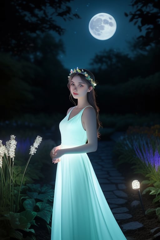 A serene and mystical scene unfolds under the soft glow of moonlight, where a lone girl adorned with a radiant flower crown stands amidst 'Moonlight Gardens'. Her beautiful icy blue eyes seem to radiate an otherworldly light, as if illuminated by the very stars above. Dark shadows dance across her porcelain skin, while the night garden's dark background provides a striking contrast to the vibrant hues of the flowers and foliage that surround her. The air is alive with a sense of wonder, as if magic itself is 'glowing in the dark' around this enchanting maiden.