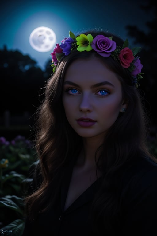 score_9, score_8_up, score_7_up, score_6_up, score_5_up, score_4_up, 1girl, flower crown, beautiful icy blue eyes, moonlight gardens, dark shadows, glowing in the dark,  bright colors, high contrast, dark background, vivid lighting, night garden