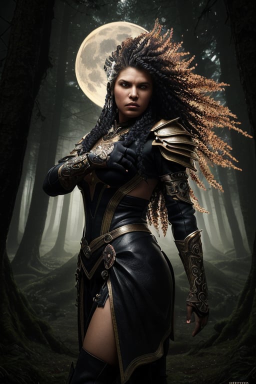 Here's a high-quality prompt for generating an absurdly detailed image:

Masterpiece of fantasy art: 'Guardian of Nature' depicts a stunning human female druid, ultra-feminine and extremely beautiful. She wears intricately designed leather armor, her dynamic hair swirling with vibrant colors under the soft glow of moonlight. Her staff crackles with divine energy, as she stands amidst a whirlwind of starry magic, symbols of ancient power swirling around her. The ultra-wide shot captures a majestic, photorealistic forest landscape at dusk, with depth of field showcasing intricate textures and details. Hyper-realistic painting meets 3D rendering in this absurdly detailed masterpiece, rendered in absurd resolutions (16k) with an emphasis on dynamic lighting, composition, and atmospheric magic.