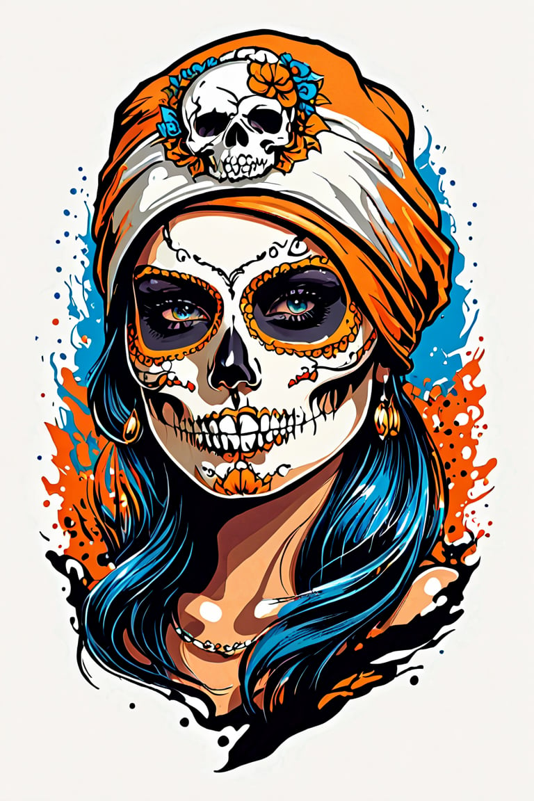 (best quality, 4k, 8k, highres, masterpiece:1.2), ultra-detailed,T-shirt design,illustration, a woman with a skull makeup on her head is wearing a cap,vector illustration, without background