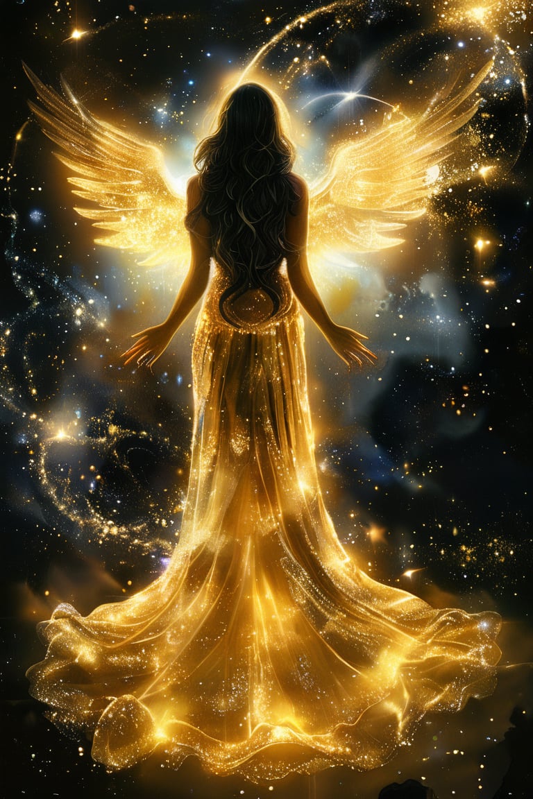 A luminous golden angel radiates beauty against a velvety pitch-black backdrop, her long flowing black locks cascading like night's secrets. Softly glowing bioluminescence surrounds her, as if infused by the celestial bodies twinkling above. Hands clasped in reverence, she stands amidst the starry midnight sky, an ethereal masterpiece of heavenly proportions.