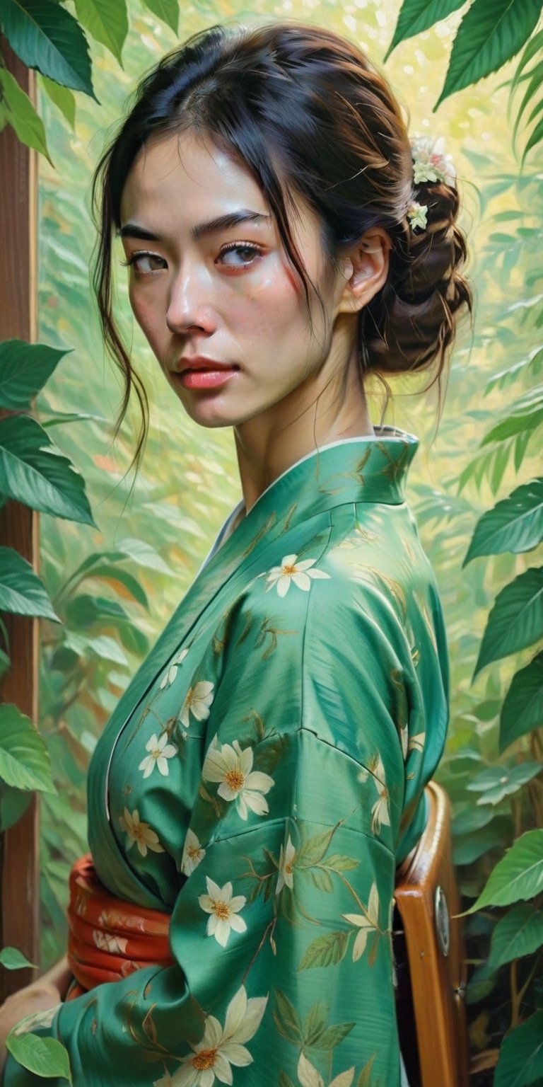 A serene Japanese girl sits comfortably inside a vintage-style van, surrounded by lush greenery and a warm, sunlit atmosphere. The oil painting-inspired artwork boasts hyper-detailed features, with intricate textures and subtle brushstrokes mimicking the masterful style of Vincent van Gogh. Her kimono drapes elegantly across her lap, while a gentle breeze whispers through the open van door, framing her contemplative expression in soft focus.