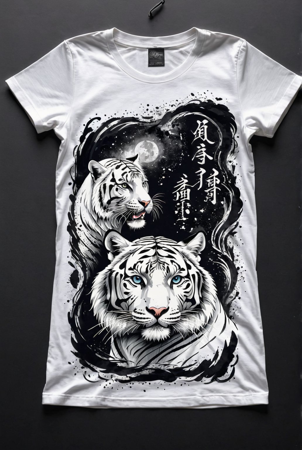 A beautifully drawn (((vintage t-shirt print))), featuring intricate ((retro-inspired typography)) encircling a (((sumi-e ink illustration))) white tiger, integrating elements of Japanese calligraphy and beast fighting with black back ground
