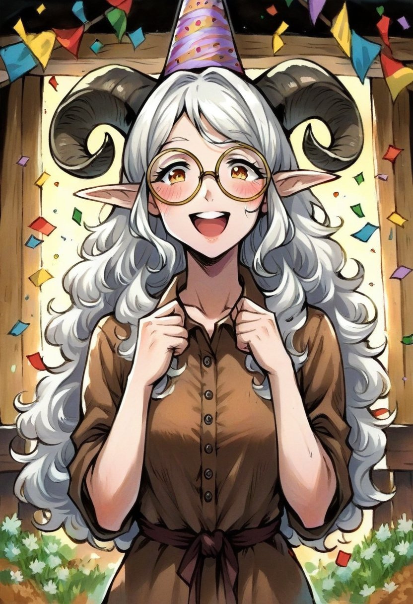 faux traditional media, score_8_up, 1girl, solo, solo, female elf, white hair, black horns, sheep horns, fluffy hair, glasses, round eyewear, cute, happy, blush, brown top, farm, birthday hat, cone hat, confetti, 