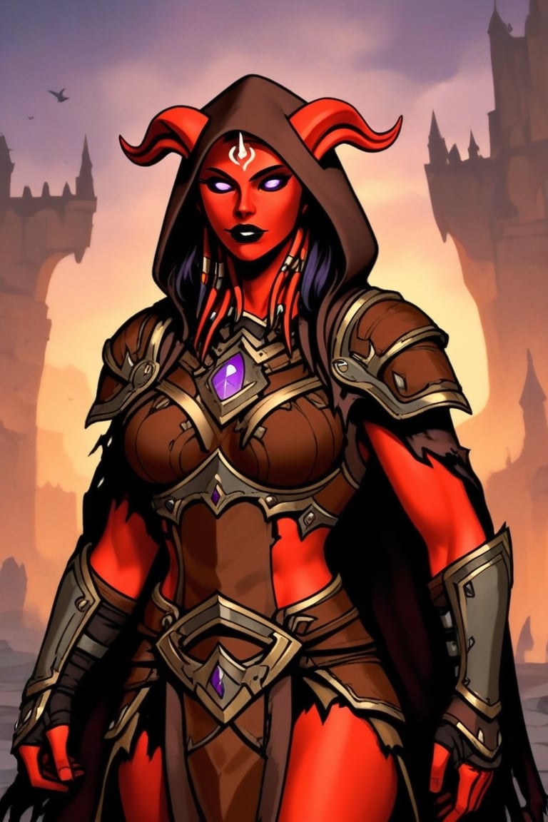 score_9, draenei woman, red skin, black sclera, dark violet eyes, black lips, brown armor, brown torn cloak, brown hood