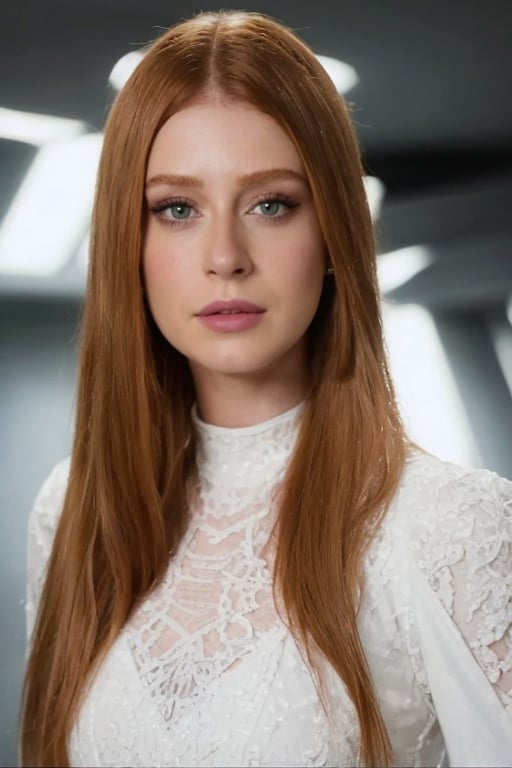 hyperrealistic photo of Marina Ruy Barbosa in a modern and futuristic setting, with an enigmatic and futuristic look. She is wearing a white haute couture dress, with metal details and LED lights. Her eyes shine with a mysterious glow, and her expression is enigmatic and powerful. The image should have a cyberpunk style, with a focus on Marina's futuristic beauty, the futuristic atmosphere, and the mystery surrounding her.  Cinematic style,