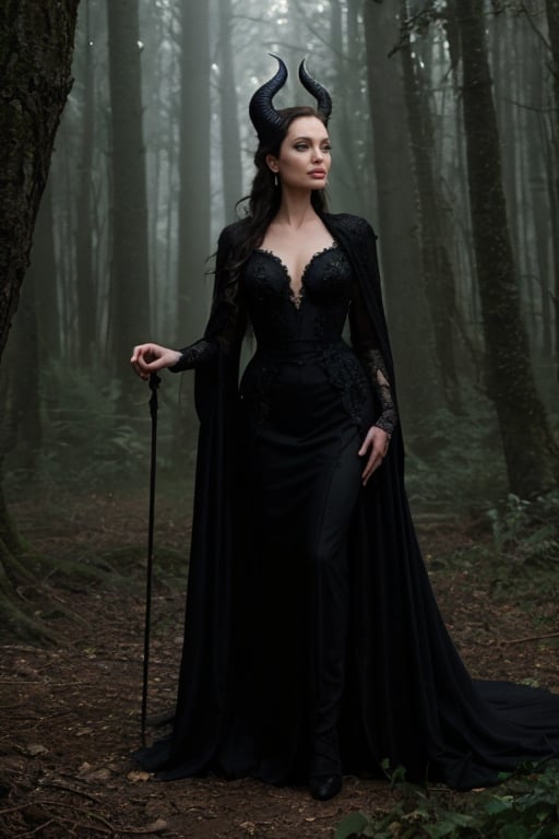 hyperrealistic photo of Angelina Jolie in a powerful and imposing pose, as Maleficent, with her black wings spread and a flowing black dress, with lace and gemstone details. The setting is a magical forest, with tall trees and glowing plants. The dramatic lighting enhances the shadows and details of her dress, creating a mysterious and magical atmosphere. The focus is on her intense and enigmatic expression, with bright green eyes fixed on the camera. The image should have a cinematic style, with an aesthetic close to the original scene from the movie, with as much realism as possible without showing explicit details of Angelina Jolie's anatomy. The image has 8K resolution, sharp details, realistic textures, and vivid colors.