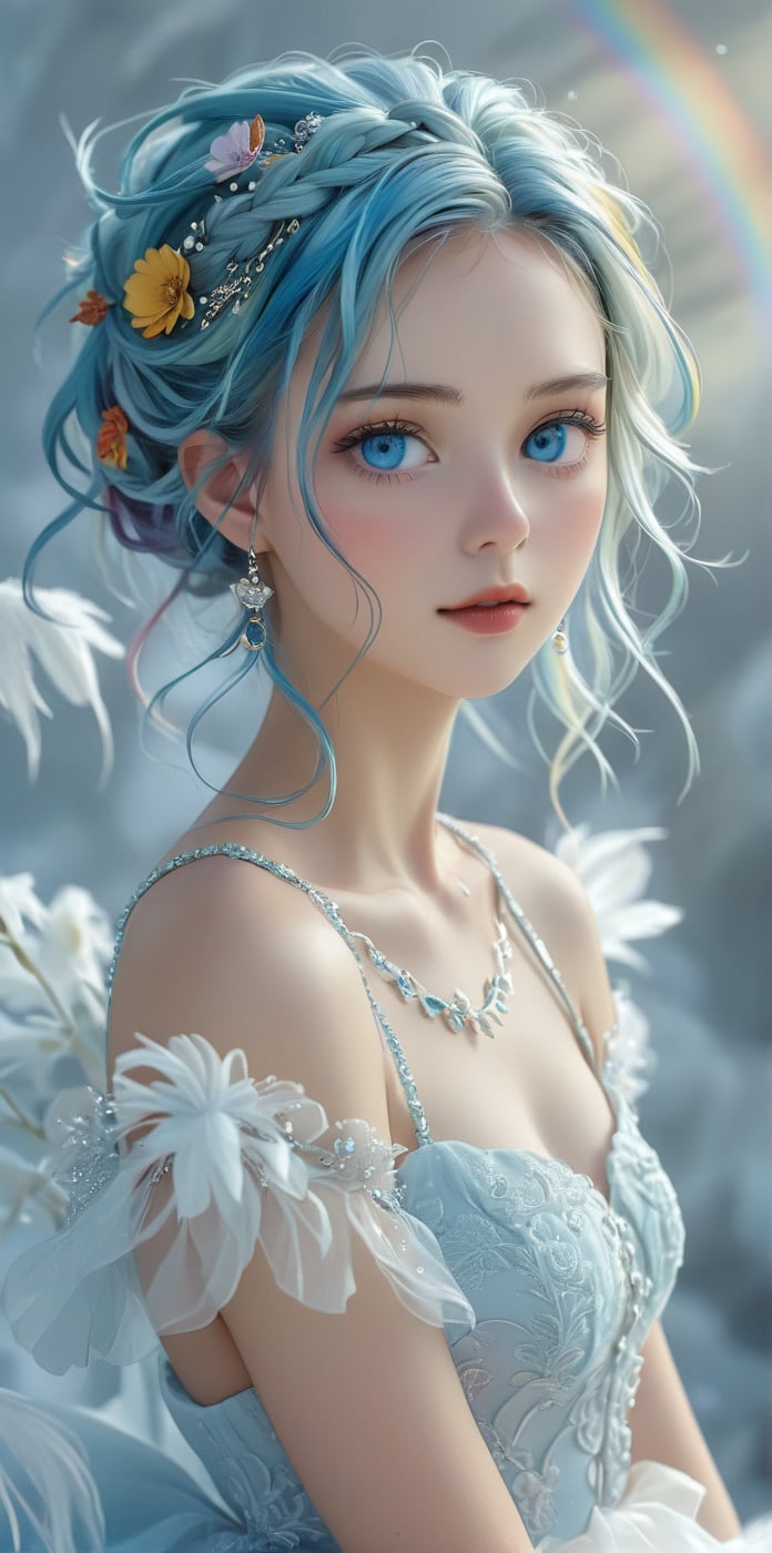 Ultra realistic nordic 40 yo beauty ,beautiful blue eyes,superbly crafted braided hairstyles,amazingly intricate dreadlocks,7 colorful hair colors,each dreadlocks painstakingly created and decorated with delicate accessories and bead.,aesthetic,Rainbow haired girl ,Realistic Blue Eyes,flat chested