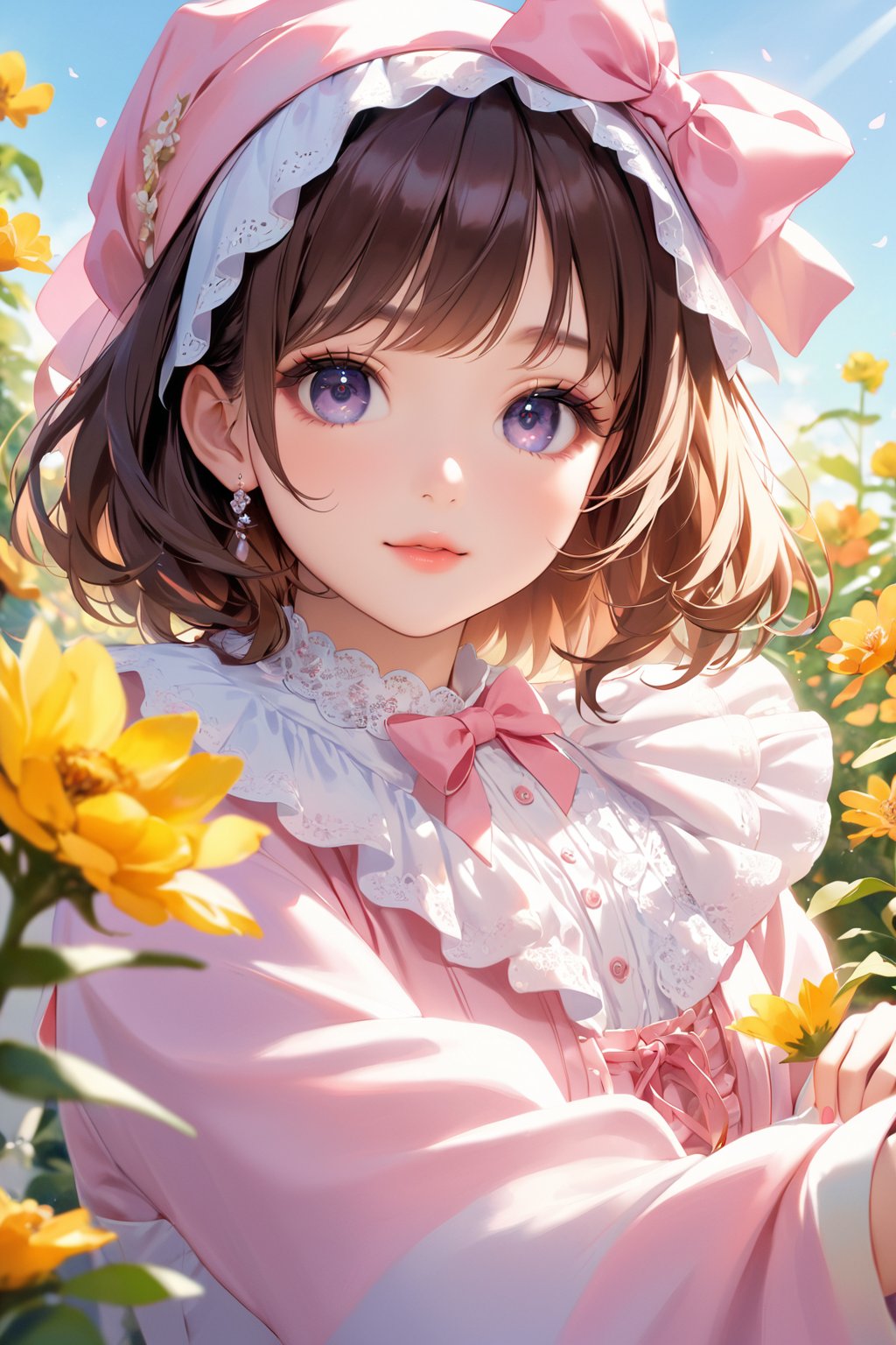 (best quality, highres),brown hair,bow on head,girl,beautiful detailed eyes,beautiful detailed lips,long eyelashes,soft facial features,flower garden background, vibrant colors,pleasant lighting,artistic rendering, decorative text:’’TA’’, text:’’1st Anniversary’’,(The cutest girl in the world:1.5),