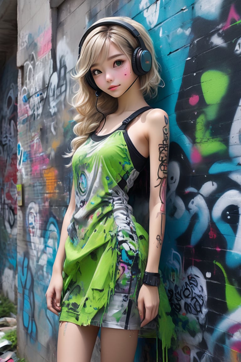 Lovely cute young attractive russian  girl, 18 years old, cute model, long blond_green short dress, good fit body 
Photorealistic:1.2,Hyperdetailed, solo, urban techwear outfit, (graffiti:1.5), paint splatter, arms behind back, against wall, looking at viewer, armband, thigh strap, paint on body, head tilt, bored, multicolored hair, aqua eyes, headset,urban techwear,high_res, 1girl, most beautiful korean girl, Korean beauty model, idol face, gorgeous girl, 18yo, over sized eyes, big eyes, smiling, looking at viewer,masterpiece