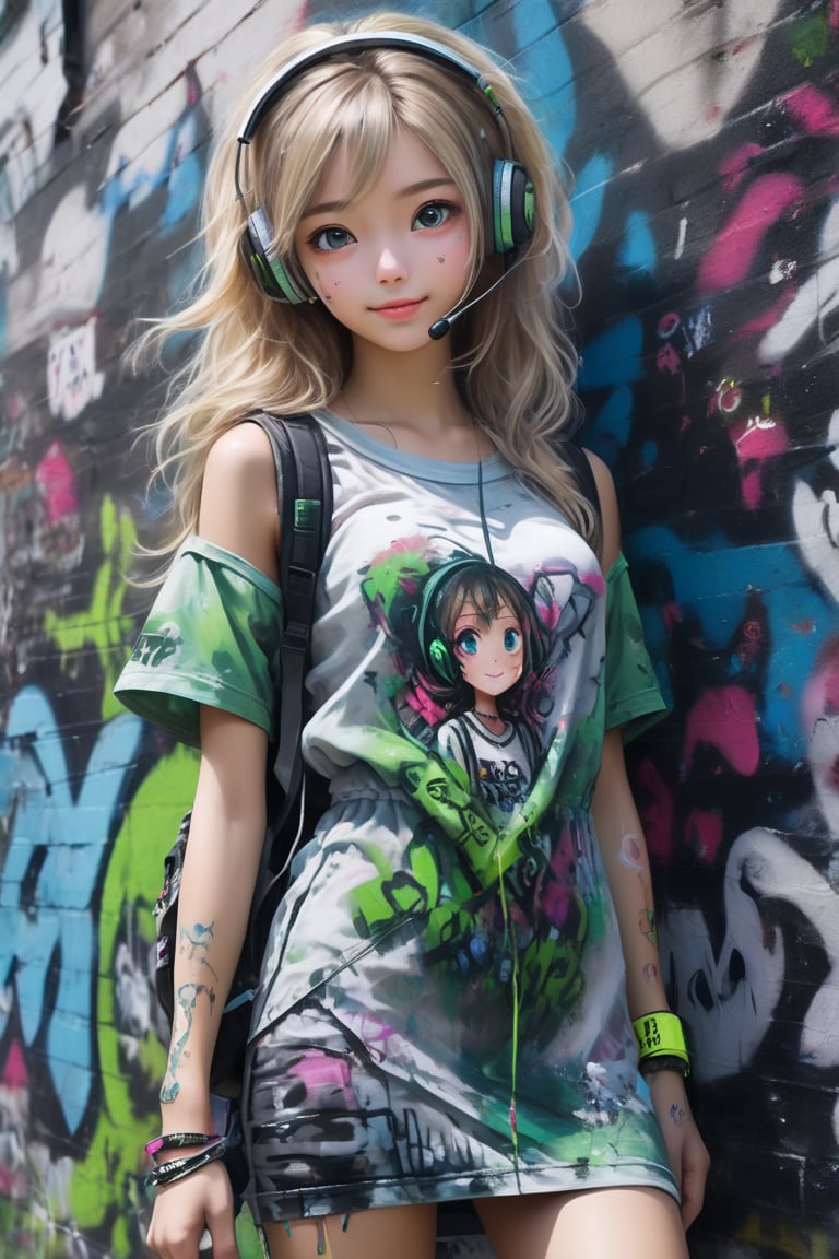 Lovely cute young attractive russian  girl, 18 years old, cute model, long blond_green short dress, good fit body 
Photorealistic:1.2,Hyperdetailed, solo, urban techwear outfit, (graffiti:1.5), paint splatter, arms behind back, against wall, looking at viewer, armband, thigh strap, paint on body, head tilt, bored, multicolored hair, aqua eyes, headset,urban techwear,high_res, 1girl, most beautiful korean girl, Korean beauty model, idol face, gorgeous girl, 18yo, over sized eyes, big eyes, smiling, looking at viewer,masterpiece