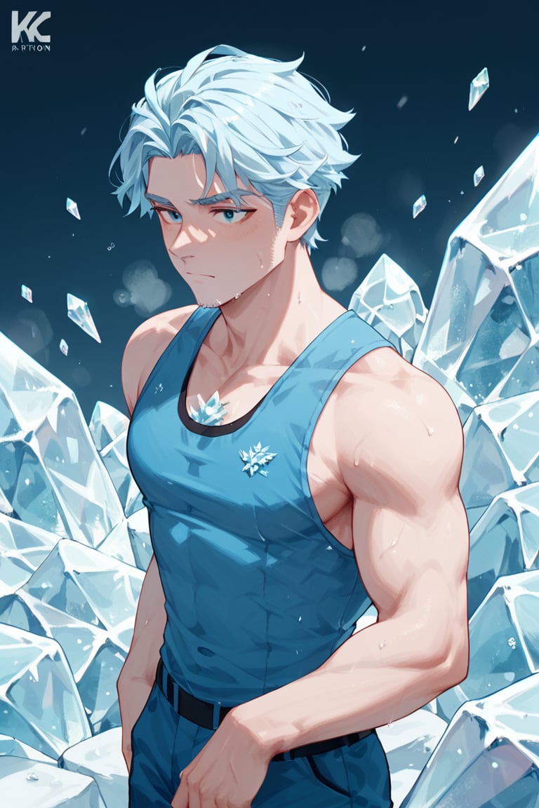 ice,score_9,hubgman,score_6_up,score_7_up,score_8_up, ice, man, blue_hair, body covered in ice, blue uniform, sleeveless, small K logo on the chest,thin, 