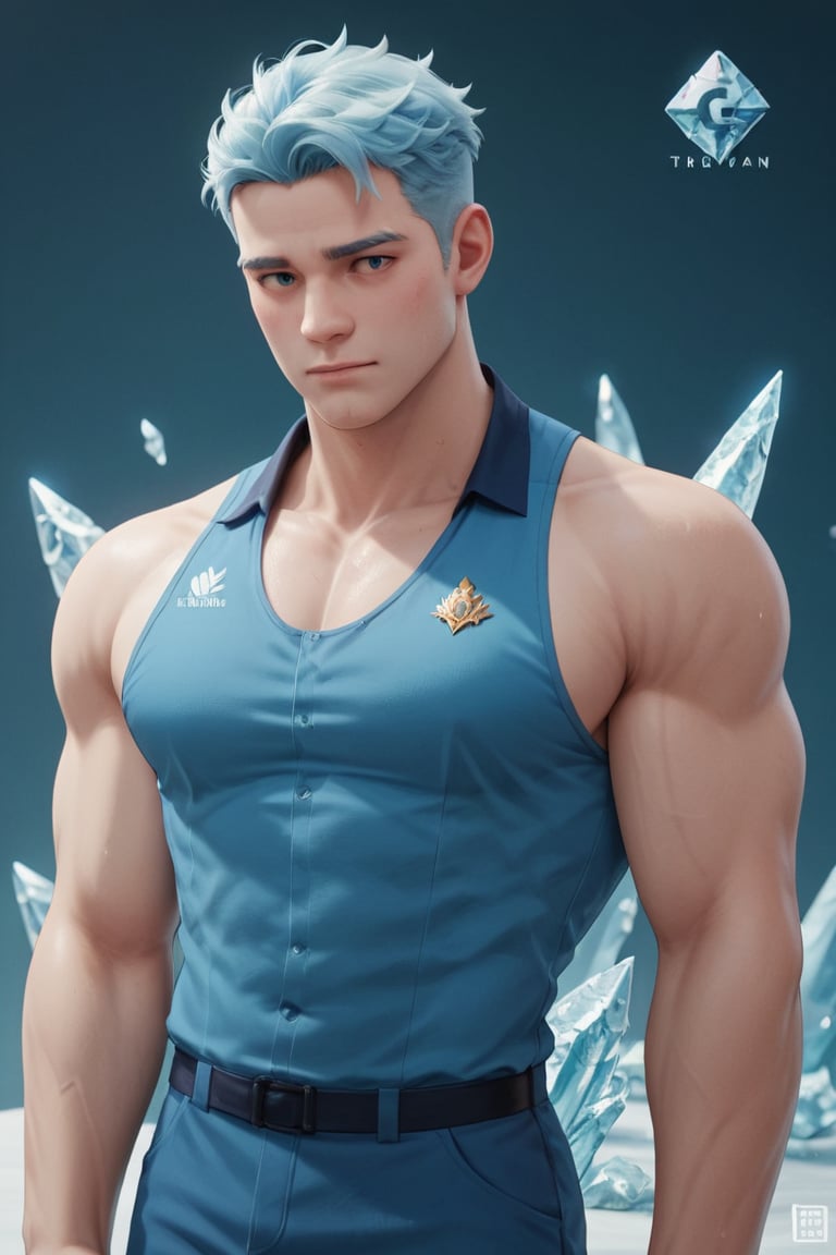 ice,score_9,hubgman,score_6_up,score_7_up,score_8_up,  man, blue_hair, ice body, blue uniform, sleeveless, small K logo on the chest,thin, 