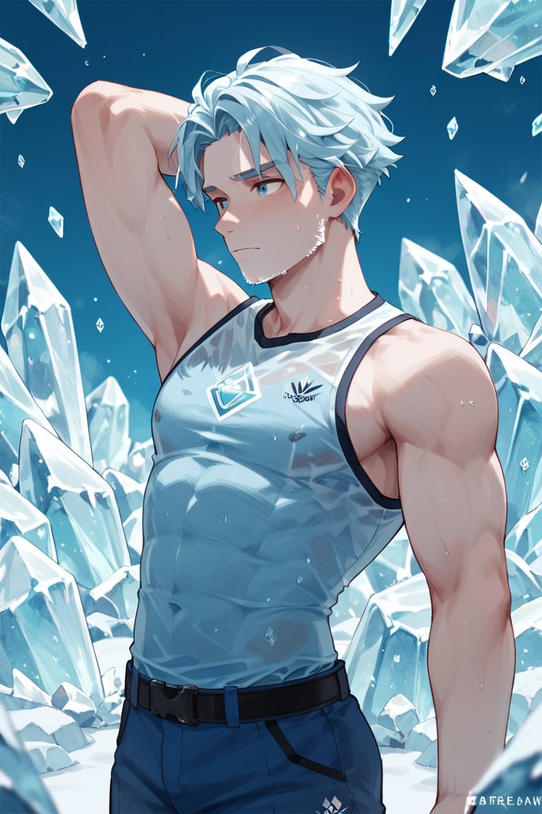 ice,score_9,hubgman,score_6_up,score_7_up,score_8_up,  man, blue_hair, body covered in ice, blue uniform, sleeveless, small K logo on the chest,thin, 