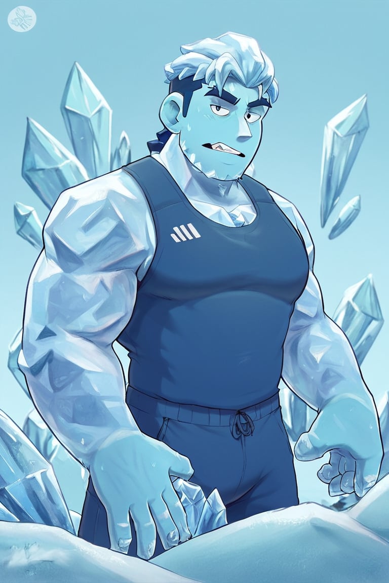 ice,score_9,hubgman,score_6_up,score_7_up,score_8_up, ice, man, blue_hair, ice body, body covered in ice, blue uniform, sleeveless, small k logo on the chest, throwing ice spikes from hands,