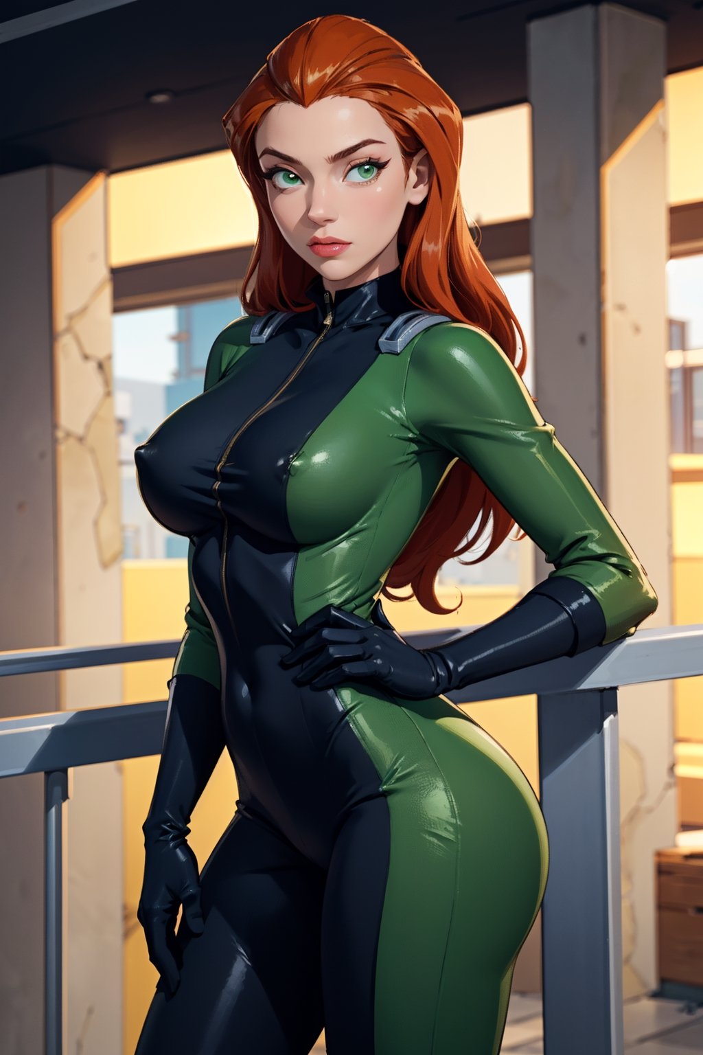 Prompt: Very detailed, high quality. Masterpiece, beautiful, (medium long shot), 1 girl, alone, Sam from Totally Spies, long red hair, green eyes, semi naked(green spy suit, open eyes, green eyes, you can see her butt, she has big tits,  black gloves), leaning on the railing,

