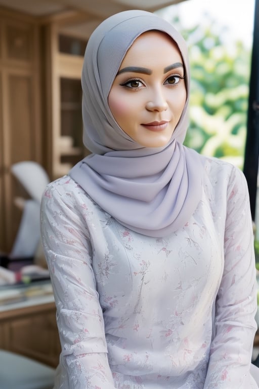 1girl, solo, white hijab, black eyes, beauty, looking at viewer, white wedding dress, sitting, indoors, on bed, realistic, (8K UHD:1.4), ,indonesian, hijab scarf