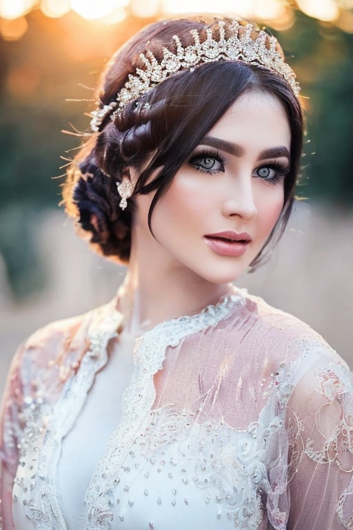 A stunning close-up shot of a bride's face during the golden hour. The soft, warm light casts a romantic glow on her porcelain skin, accentuating the delicate features and brightening her beautiful eyes with long lashes. Her dark, luscious locks cascade down her shoulders, framing the lace trim on her wedding dress as it shimmers in the bokeh-like background. UHD resolution captures every intricate detail, from the subtle texture of her gown to the subtle sparkle on her eyes.