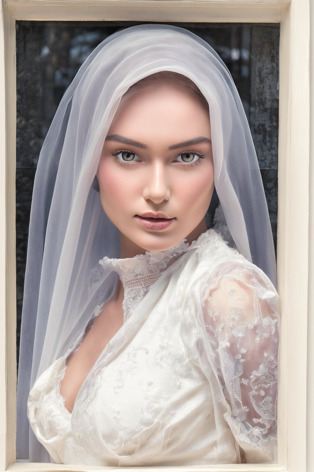 Close-up shot of a stunning woman's front face, adorned with a delicate lace-trimmed wedding veil. Her porcelain-like skin glows with an Ultra-High definition, showcasing every fine detail. The intricate beading and embroidery on her wedding dress sparkle in the soft light, framing her serene expression as she gazes directly into the camera.,khalizanah