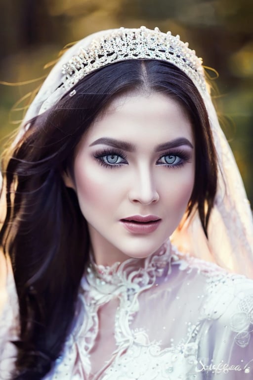 A stunning close-up shot of a bride's face during the golden hour. The soft, warm light casts a romantic glow on her porcelain skin, accentuating the delicate features and brightening her beautiful eyes with long lashes. Her dark, luscious locks cascade down her shoulders, framing the lace trim on her wedding dress as it shimmers in the bokeh-like background. UHD resolution captures every intricate detail, from the subtle texture of her gown to the subtle sparkle on her eyes.