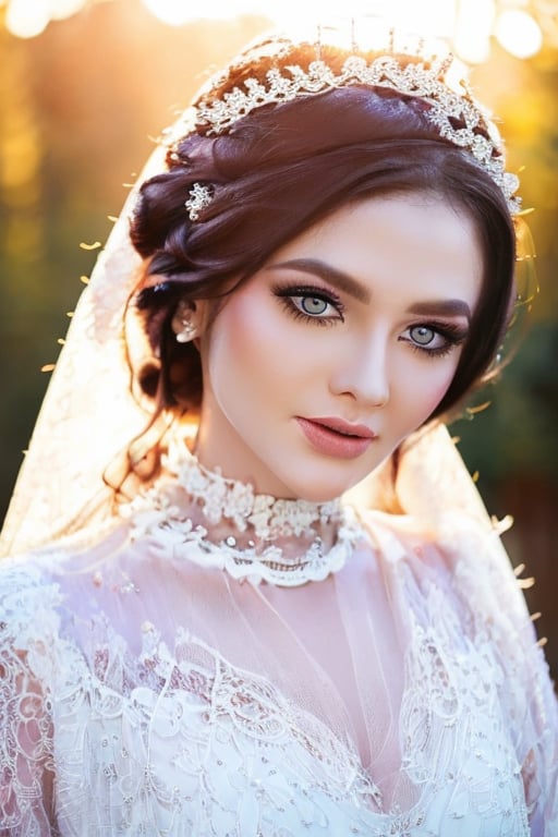 A stunning close-up shot of a bride's face during the golden hour. The soft, warm light casts a romantic glow on her porcelain skin, accentuating the delicate features and brightening her beautiful eyes with long lashes. Her dark, luscious locks cascade down her shoulders, framing the lace trim on her wedding dress as it shimmers in the bokeh-like background. UHD resolution captures every intricate detail, from the subtle texture of her gown to the subtle sparkle on her eyes.